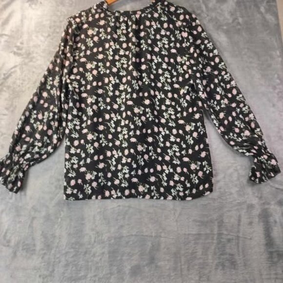 Böhme Womens‎ S Black Pink Floral Blouse Ruffle Front Long Sleeve Sheer Lined - Picture 3 of 11